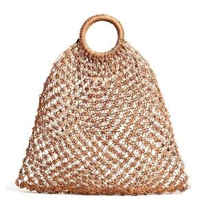 MANGO Shopper Bag Crochet Mesh Net Braided Jute Tote XL Handbag Brown Ltd Editio